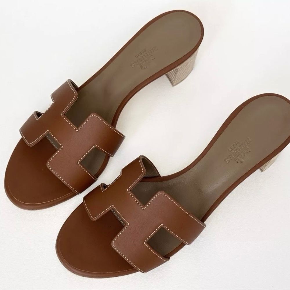 HERMES H OASIS SANDALS IN GOLD BROWN LEATHER SHOES MULES SLIDES HEELS 38 - Picture 7 of 15